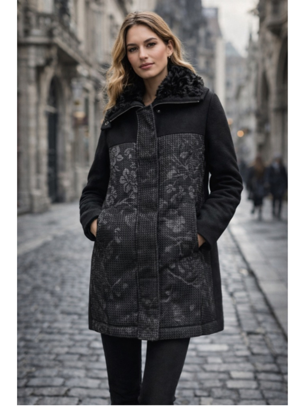 Desigual Jacket Women M Wool Blend Faux Fur Collar Textured Floral Black Coat